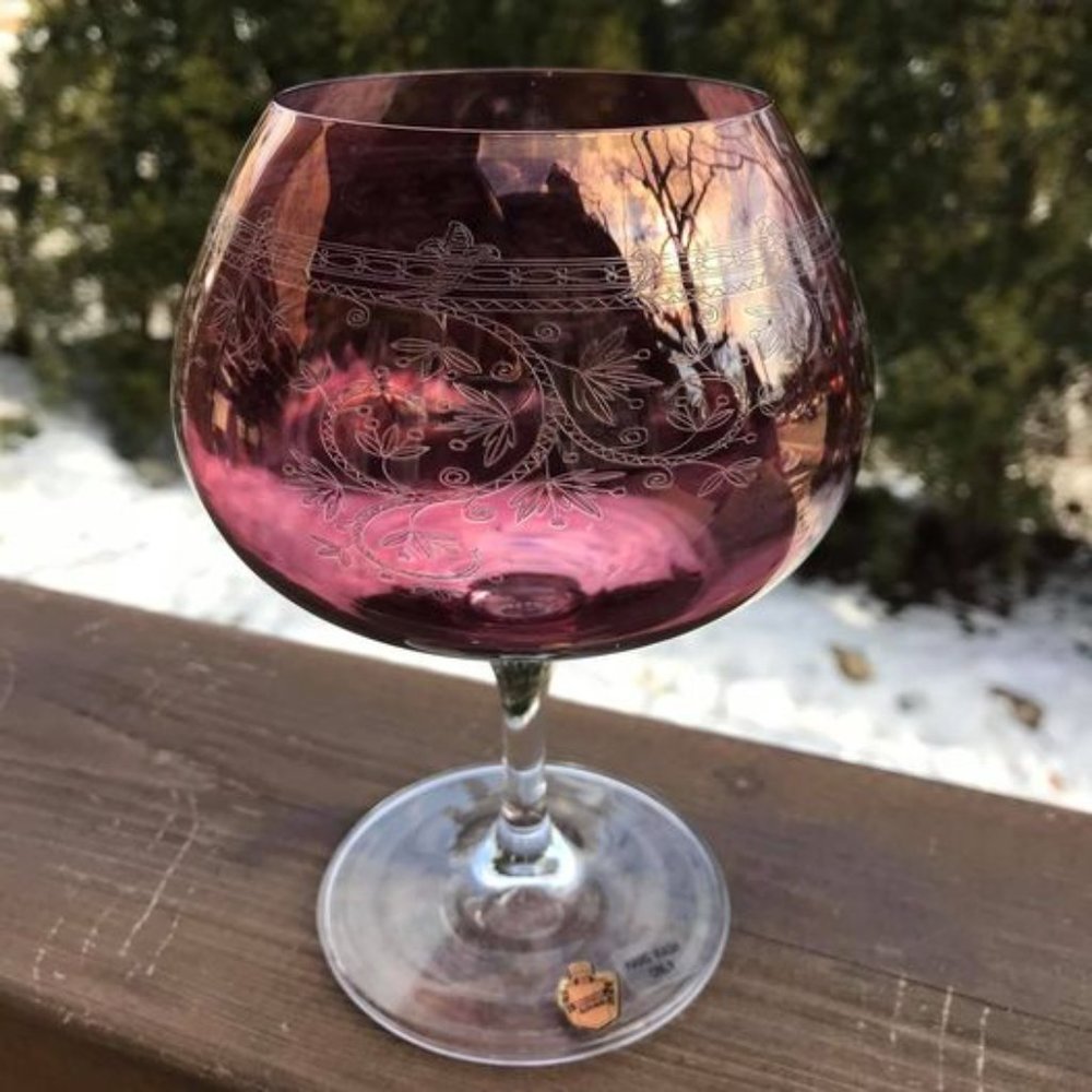 Belfor Barware Brandy Short Stemmed Snifter Engraved Cranberry Crystal Glass New